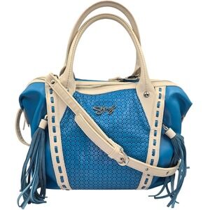 Sharif Satchel Handbag Blue Leather Perforated Tan Trim Tassel Shoulder Strap